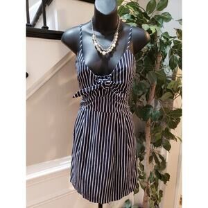 Purple Snow Women Blue & White 100% Cotton V-Neck Sleeveless Knee Length Dress L